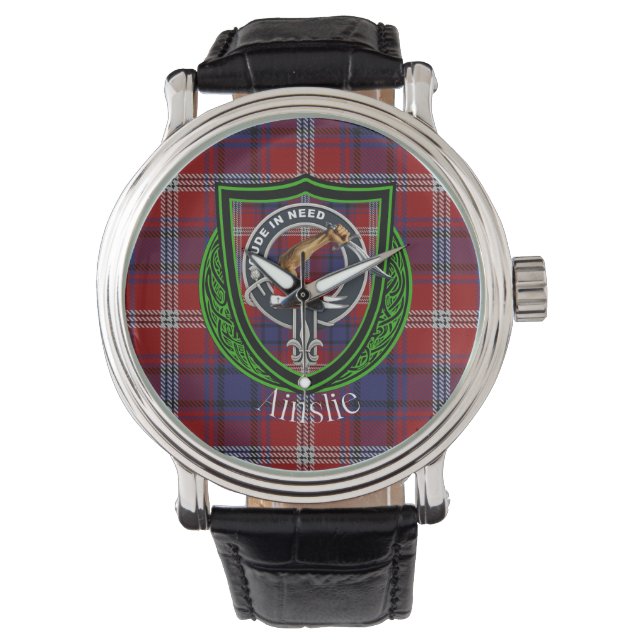 Reloj De Pulsera Ainslie Scottish Clan Tartan & Escudo (Anverso)