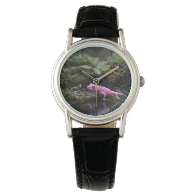 Reloj De Pulsera Ajolote Rosa Abajo En El Río, (Anverso)