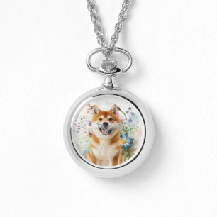 Reloj De Pulsera Akita Shiba Inu Perro con Flores de Acuarela Azule