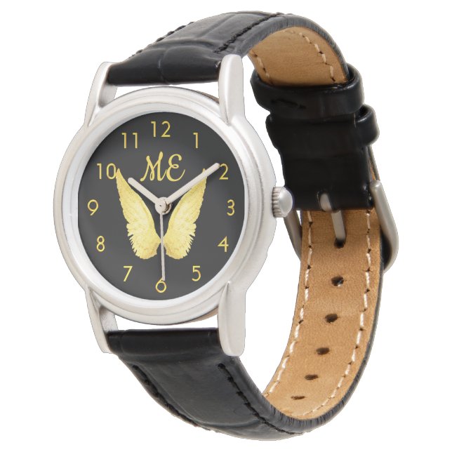 Reloj De Pulsera Alas de ángel de oro negro monogramadas (Angular)