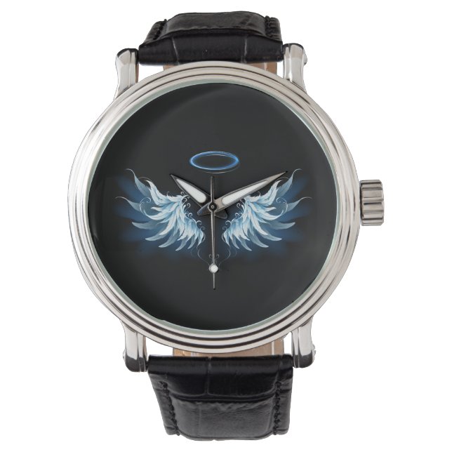 Reloj De Pulsera Alas del Ángel Azul brillante sobre fondo negro (Anverso)