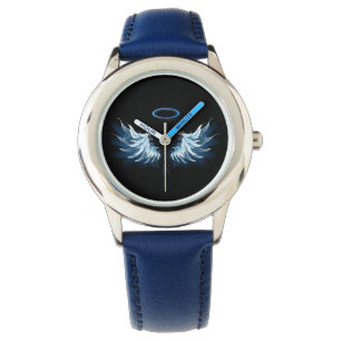 Reloj De Pulsera Alas del Ángel Azul brillante sobre fondo negro