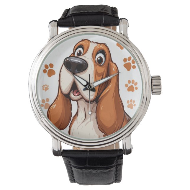 Reloj De Pulsera Alegre perro de Basset con huellas Naranjas (Anverso)