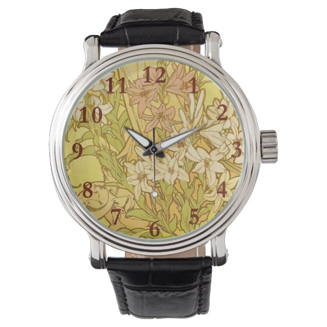 Reloj De Pulsera Alfonse Mucha Flores de lirio Art Nouveau (Anverso)