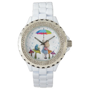 Reloj De Pulsera Alice Wonderland, esmalte blanco Diamante de imita