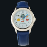 Reloj De Pulsera Alien con Monstruos Azules Cute y Guay<br><div class="desc">Este lindo y moderno reloj de niños presenta coloridos ilustraciones alienígenas monstruos, y un lugar para que agregues el nombre de tu hijo. ¡Perfecto para cualquier niño amante de los monstruo! Con números claros y un fondo azul, este diseño es genial para que un pequeño aprenda a contar la hora....</div>