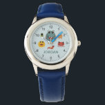 Reloj De Pulsera Alien con Monstruos Azules Cute y Guay<br><div class="desc">Este lindo y moderno reloj de niños presenta coloridos ilustraciones alienígenas monstruos, y un lugar para que agregues el nombre de tu hijo. ¡Perfecto para cualquier niño amante de los monstruo! Con números claros y un fondo azul, este diseño es genial para que un pequeño aprenda a contar la hora....</div>