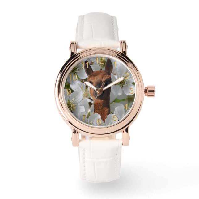 Reloj De Pulsera Alpaca Marrón En Flores Blancas (Anverso)
