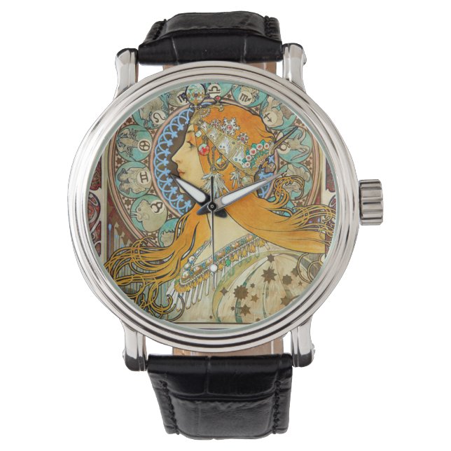 Reloj De Pulsera Alphonse Mucha Art Nouveau Zodiac (Anverso)