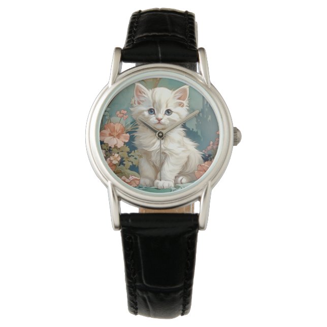 Reloj De Pulsera Alphonse Mucha Estilo Gato Blanco (Anverso)