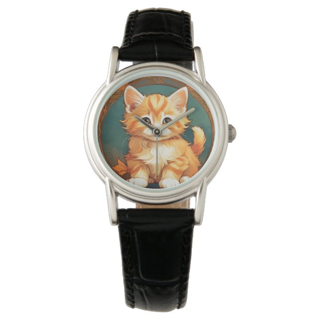 Reloj De Pulsera Alphonse Mucha Style Naranja Cat (Anverso)
