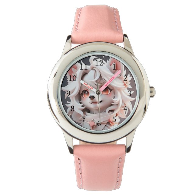 Reloj De Pulsera Aluminio Rosa Y Blanco Fluffy (Anverso)