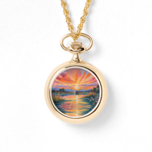 Reloj De Pulsera Amanecer en la acuarela del estanque