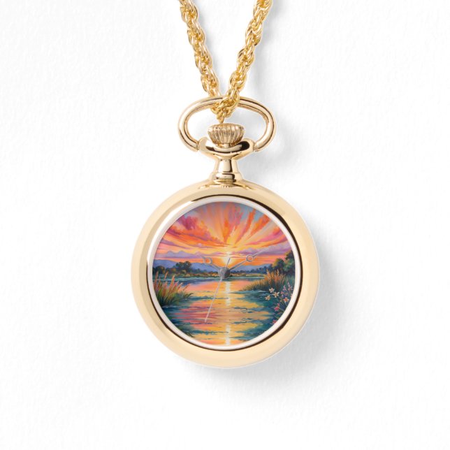 Reloj De Pulsera Amanecer en la acuarela del estanque (Anverso)