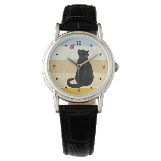 Reloj De Pulsera Amanecer retro de mariposa de gato negro (Anverso)