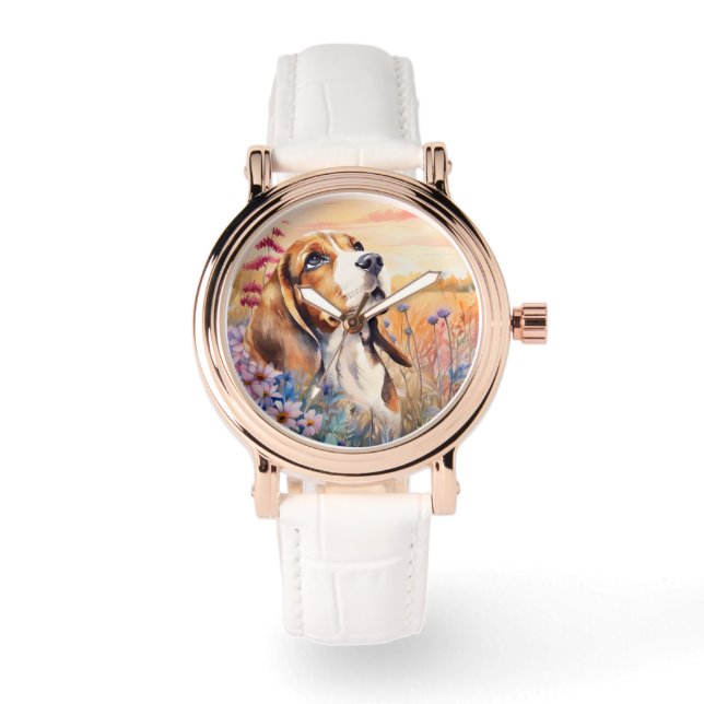 Reloj De Pulsera Amante de perros Beagle con prado de flores silves (Anverso)