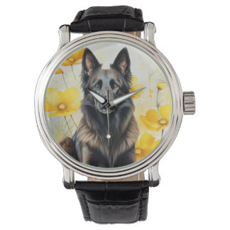 Reloj De Pulsera Amante del perro Tervuren belga y amapolas