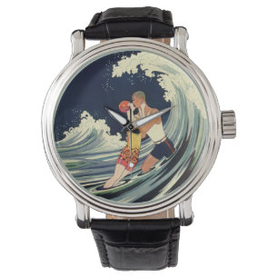 Reloj De Pulsera Amantes del Arte Deco Vintage se besan en las olas