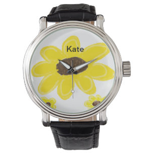 Reloj De Pulsera Amarillo girasol color de agua floral añadir texto