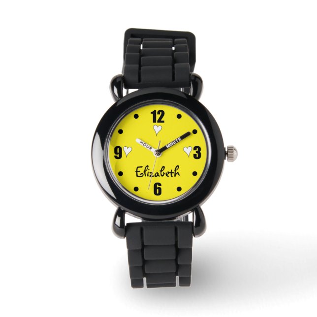 Reloj De Pulsera Amarillo y negro con corazón y nombre (Anverso)