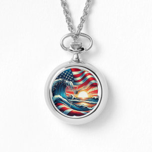 Reloj De Pulsera American USA Flag Beach Wave Sunset Patriotic Art