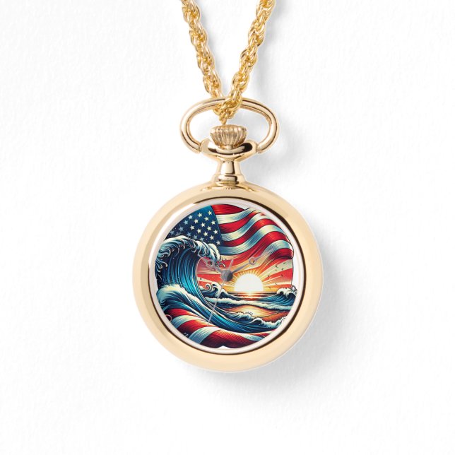 Reloj De Pulsera American USA Flag Beach Wave Sunset Patriotic Art (Anverso)