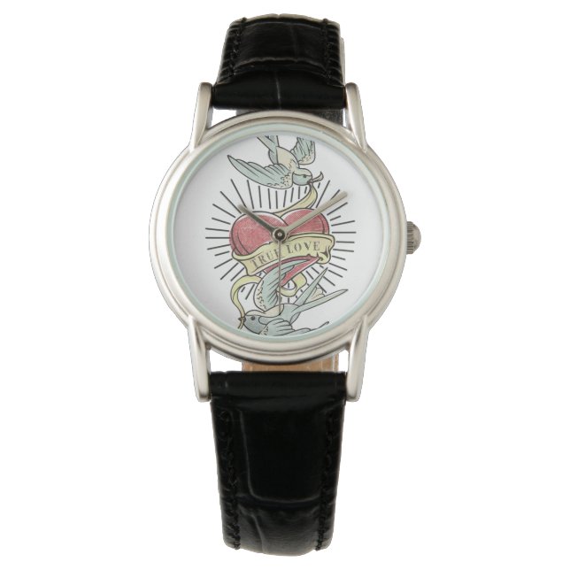 Reloj De Pulsera Amor verdadero | Aves de tatuaje vintage con coraz (Anverso)