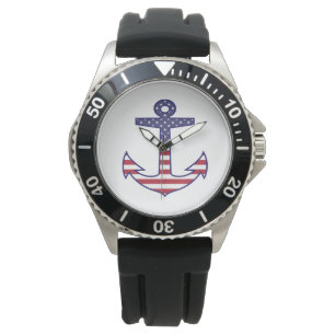 Reloj De Pulsera Ancla patriótica de la bandera americana náutica