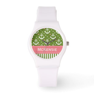 Reloj De Pulsera Ancla rosada y verde de muy buen gusto náutica