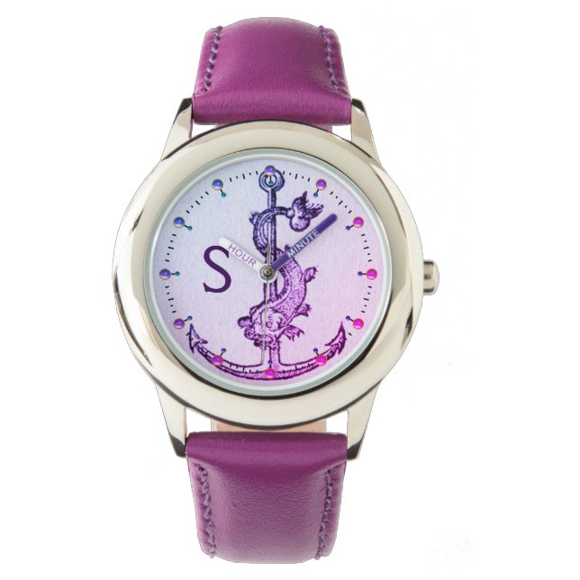 RELOJ DE PULSERA ANCLAJE AZUL PURPLE CON MONOGRAMA NÁUTICO DE PESCA (Anverso)