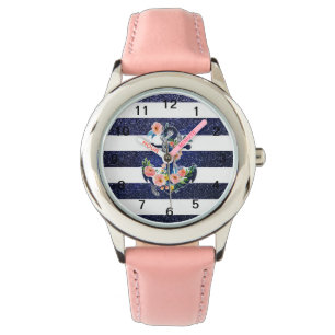 Reloj De Pulsera Anclaje floral sobre fondo rayado