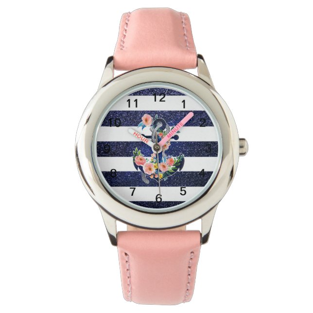Reloj De Pulsera Anclaje floral sobre fondo rayado (Anverso)