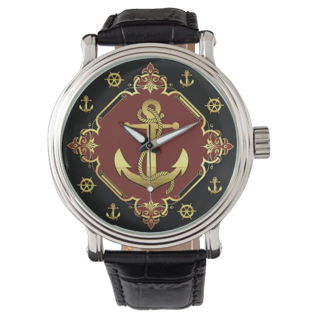 Reloj De Pulsera Anclaje/rueda del buque náutico/oro/negro/rojo (Anverso)