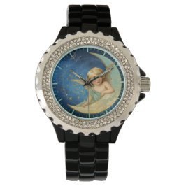 Reloj De Pulsera Ángel de luna de época en azul celeste con oro