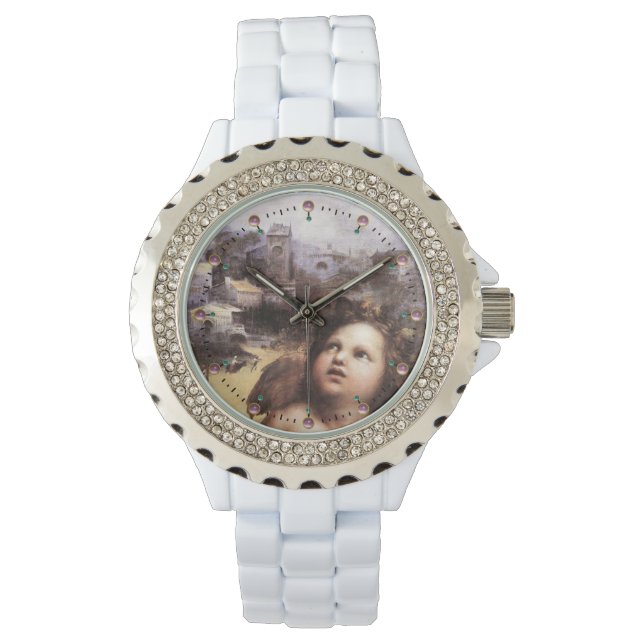 Reloj De Pulsera ANGEL DE RENACIMIENTO EN EL PAISAJE,Gemas rosa (Anverso)