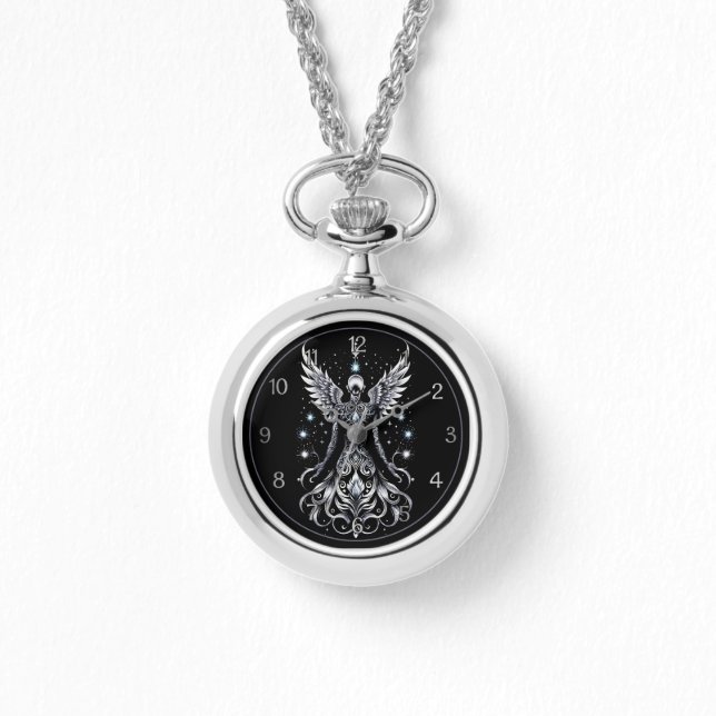 Reloj De Pulsera Ángel de tatuaje negro y plateado (Anverso)