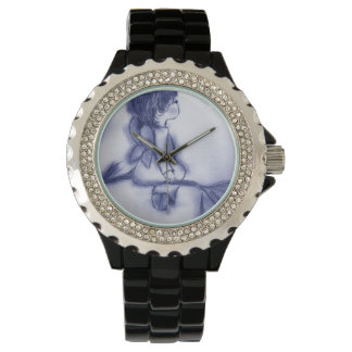 Reloj De Pulsera Ángel Deseando Sobre Una Estrella - Tinta Azul