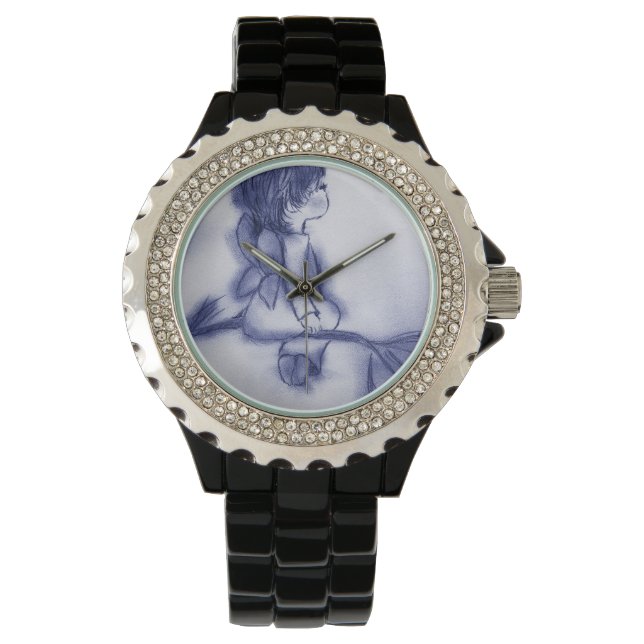 Reloj De Pulsera Ángel Deseando Sobre Una Estrella - Tinta Azul (Anverso)