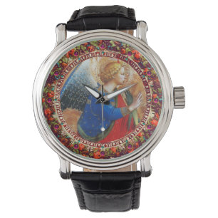 RELOJ DE PULSERA ÁNGEL EN ROJO ORO Y AZUL, CORONA FLORAL CON GEMAS