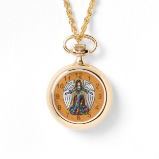 Reloj De Pulsera Ángel esmaltado ruso sobre fondo de madera de cere