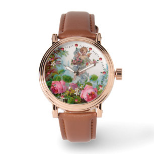 RELOJ DE PULSERA ÁNGEL ROMÁNTICO RECOGIENDO ROSAS Y FLORES ROSADAS