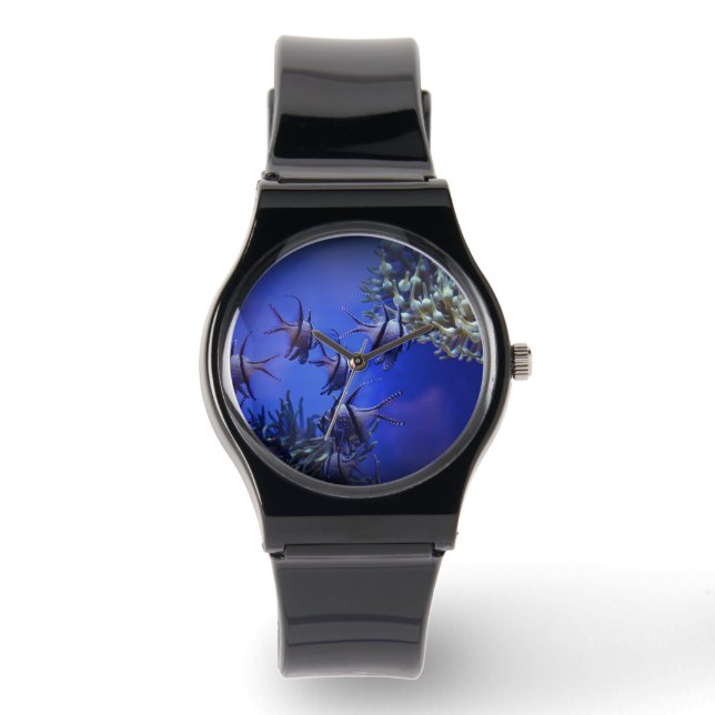 Reloj De Pulsera Angelfish negro y blanco en el Mar Azul profundo (Anverso)