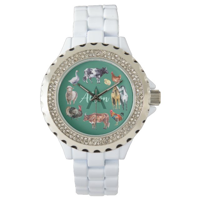 Reloj De Pulsera Animales de granja Monograma acuarela verde (Anverso)