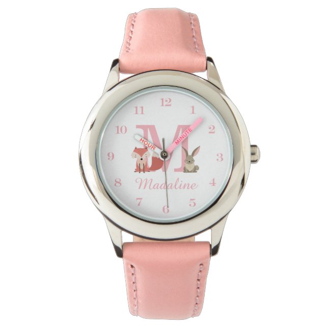 Reloj De Pulsera Animales del Bosque Monograma Inicial de Niña Bebé (Anverso)