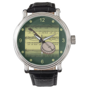 Reloj De Pulsera anjo~Rolling Sheet Music~Gold/Green Background~