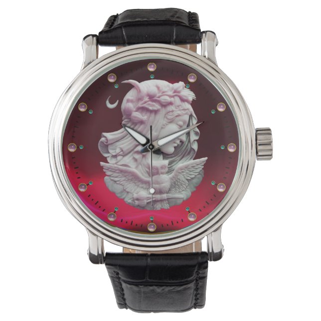 RELOJ DE PULSERA ANTIGUO CAMEO, LUNA DAMA DE NOCHE CON OWL (Anverso)