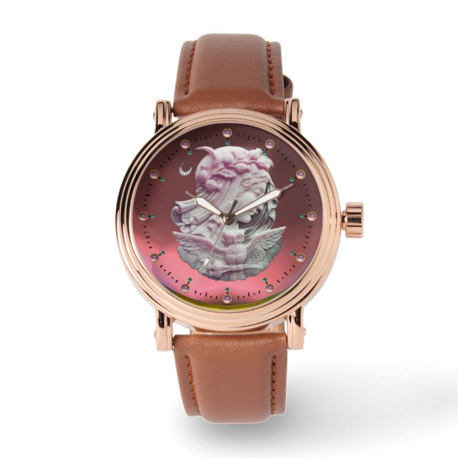 RELOJ DE PULSERA ANTIGUO CAMEO, LUNA DAMA DE NOCHE CON OWL (Anverso)