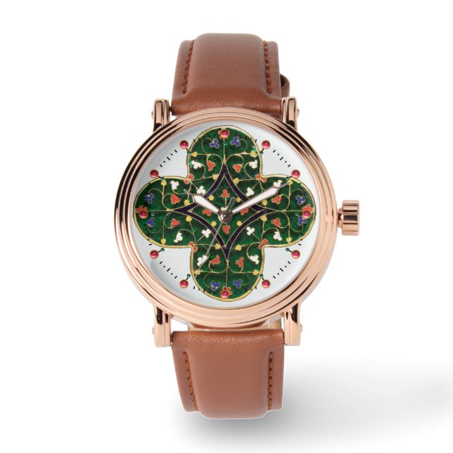 Reloj De Pulsera ANTIGUO GOLD VERDE CLOVER JEWEL Floral medieval (Anverso)