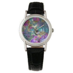 Reloj De Pulsera Antiguo Grunge Ilustrado de Pavo Real y Flores
