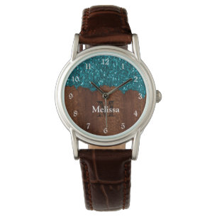 Reloj De Pulsera Aqua azul brillante madera rústica Monograma